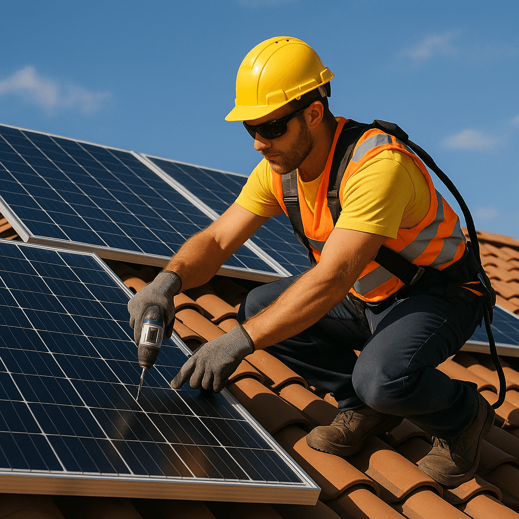 Solar panel installation by professional technician